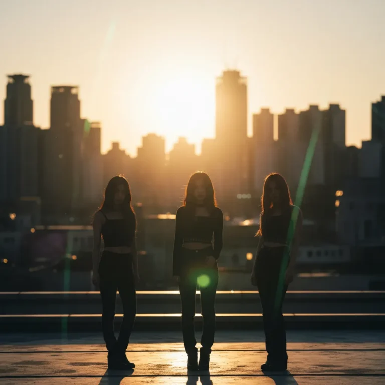 Silhouettes of three figures on a rooftop overlooking Seoul at sunset, representing LE SSERAFIM's comeback.