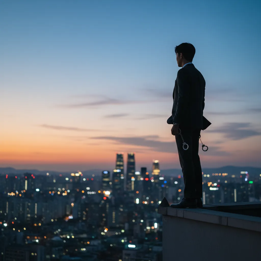 Silhouette of a suited figure on a rooftop overlooking Seoul twilight sky with handcuffs outline, representing the arrest warrant request for HYBE's chairman