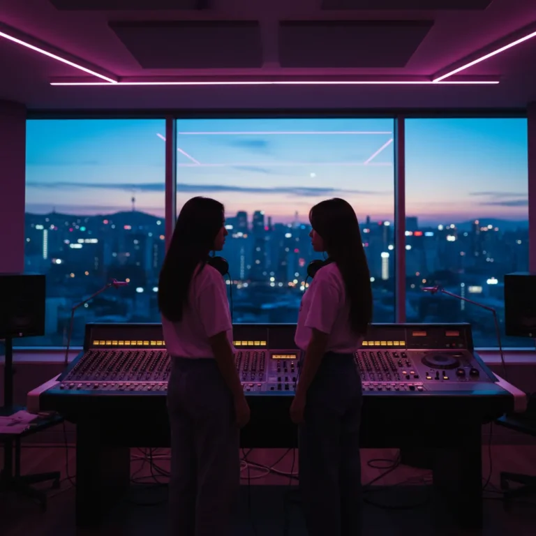 Thumbnail showing two silhouettes in a music studio with Seoul skyline, representing Le Sserafim Celebration comeback and songwriting contribution