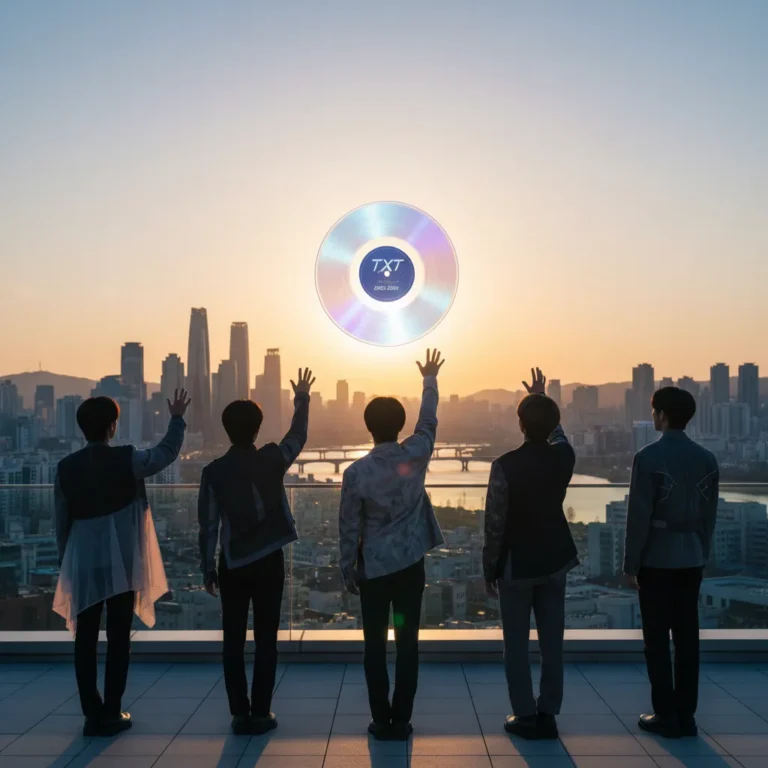Silhouette of five figures on a Seoul rooftop with a glowing vinyl record, representing a music comeback