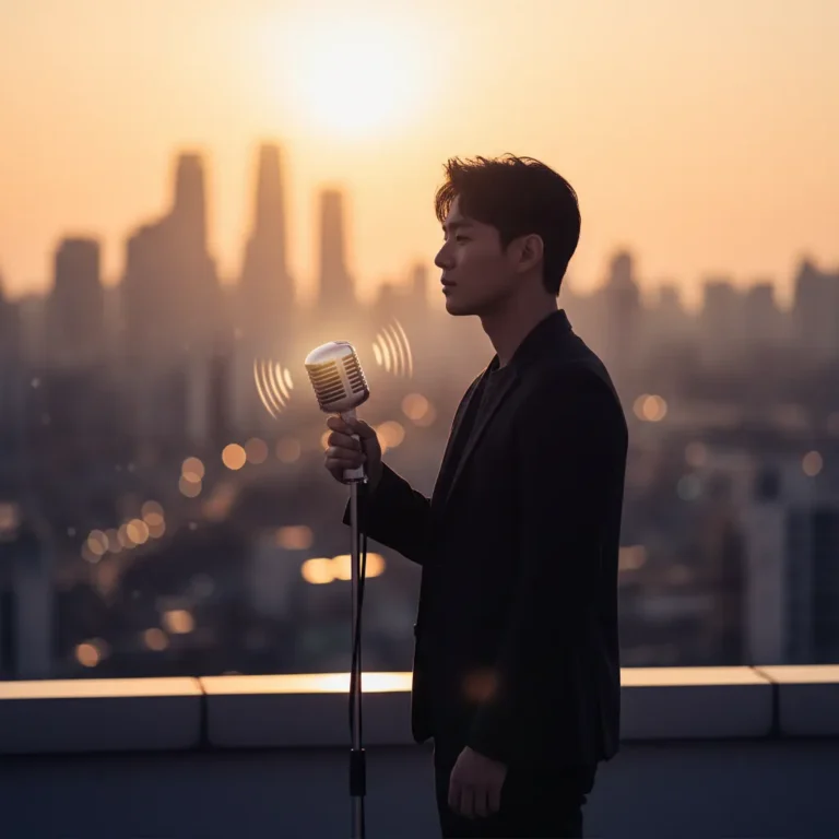 Silhouette of a singer with a microphone on a rooftop overlooking Seoul at sunset, symbolizing Park Ji-hoon's solo comeback