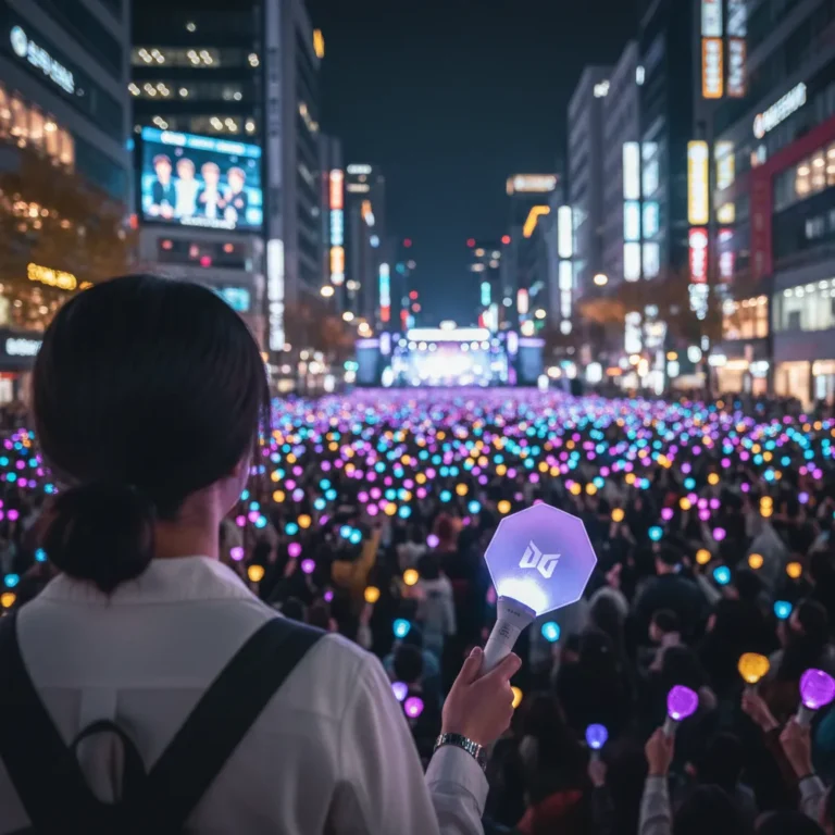 Fan holding a light stick on a Seoul street with a crowd of light sticks forming a wave