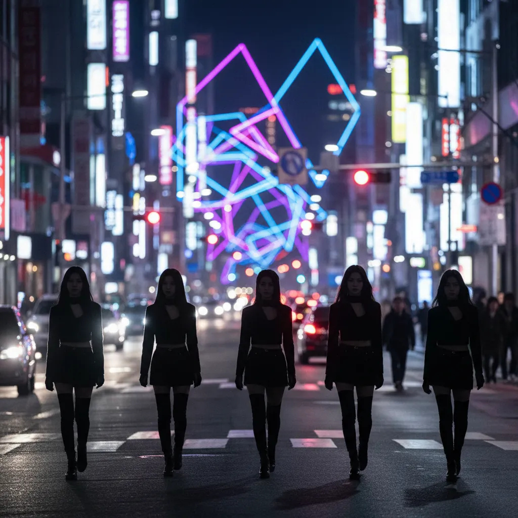 Silhouettes of five K-pop idols walking on a Seoul night street, representing Le Sserafim's comeback