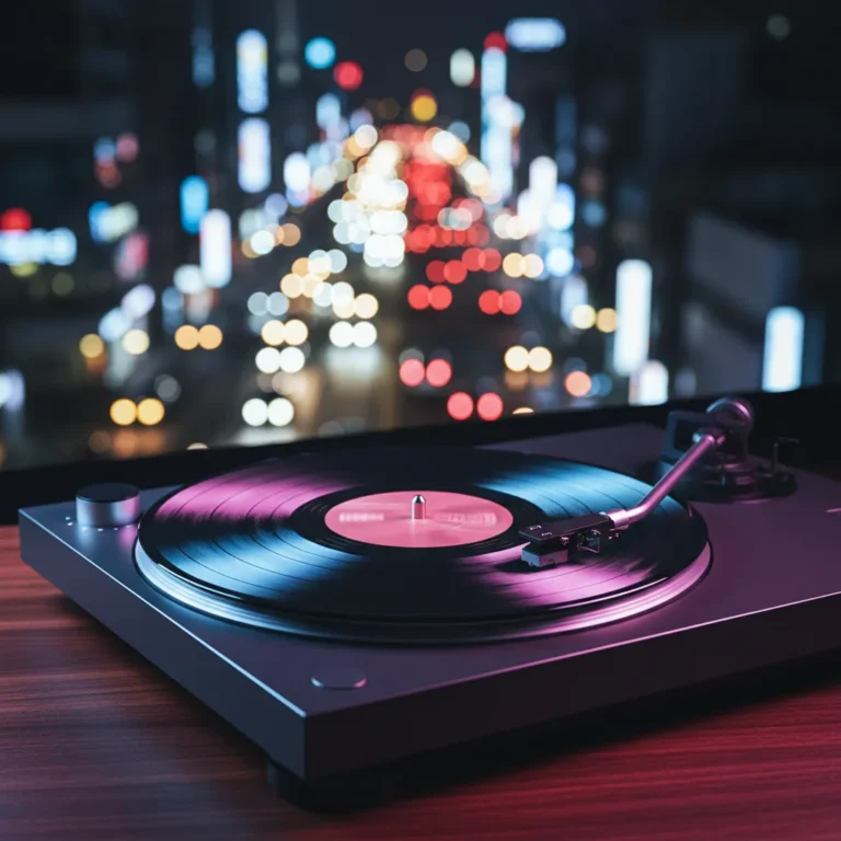 A spinning vinyl record illuminated by neon lights, representing NewJeans album preview
