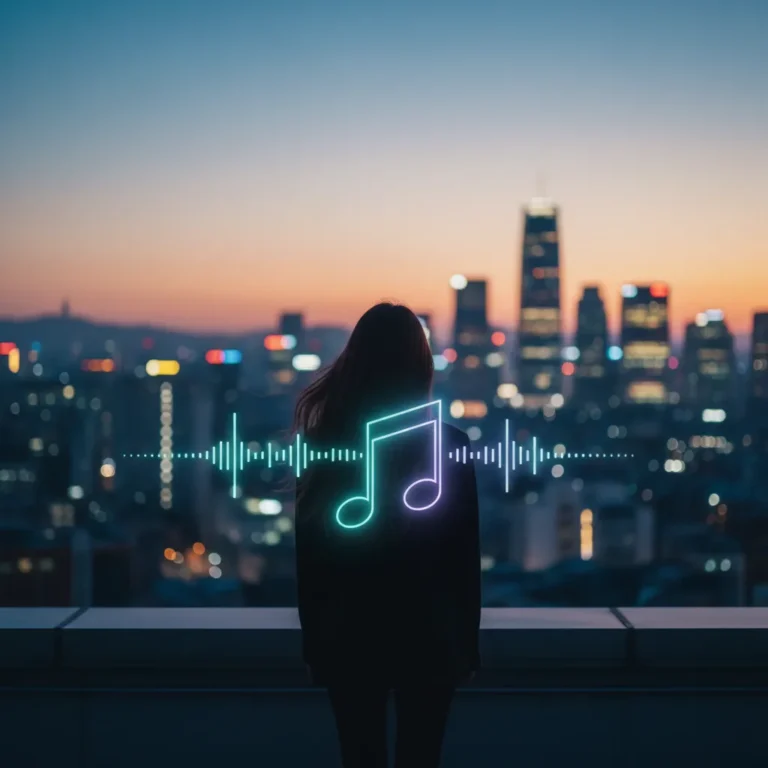 Silhouette of a woman on a Seoul rooftop at dusk with city lights and a musical aura