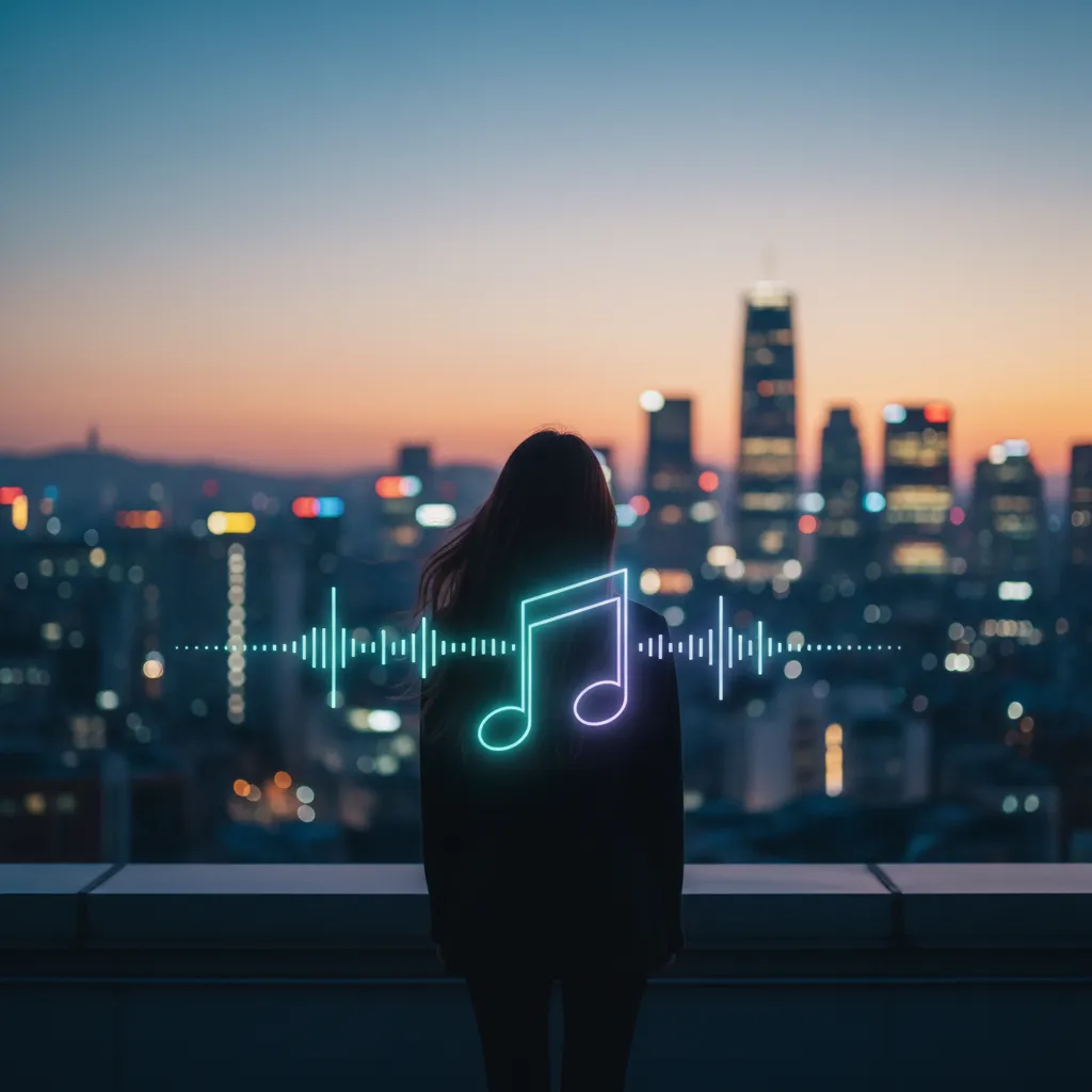 Silhouette of a woman on a Seoul rooftop at dusk with city lights and a musical aura