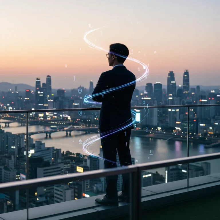 Thumbnail showing a silhouette against a Seoul skyline with abstract data streams, representing the Coupang chairman and data leak scandal
