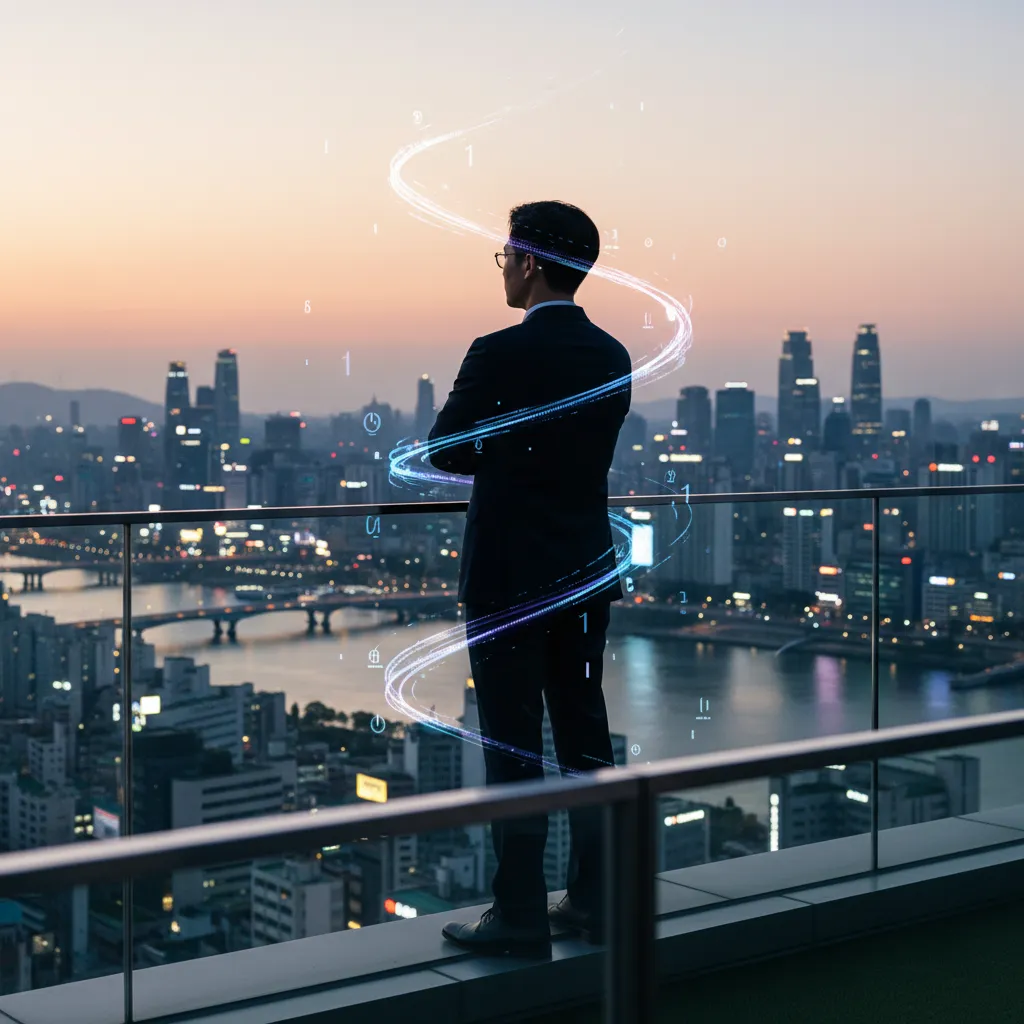 Thumbnail showing a silhouette against a Seoul skyline with abstract data streams, representing the Coupang chairman and data leak scandal