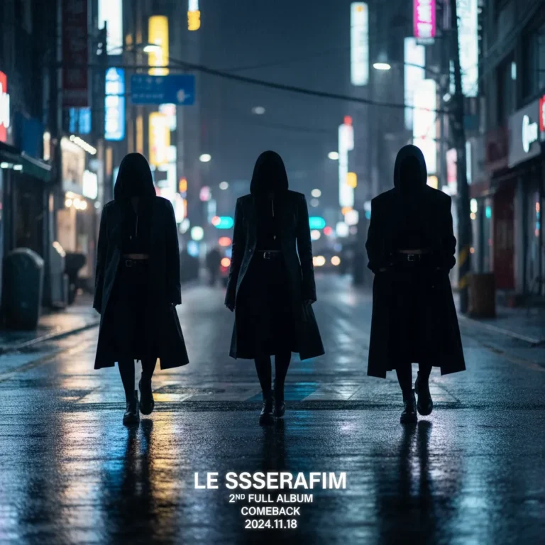 Silhouettes of three figures walking on a rainy Seoul street at night, representing LE SSERAFIM's comeback
