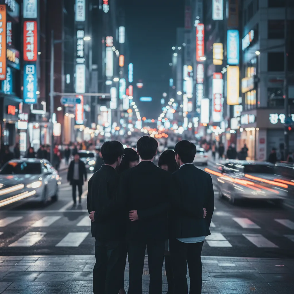 Silhouette of four figures representing NewJeans on a neon-lit Seoul street at night