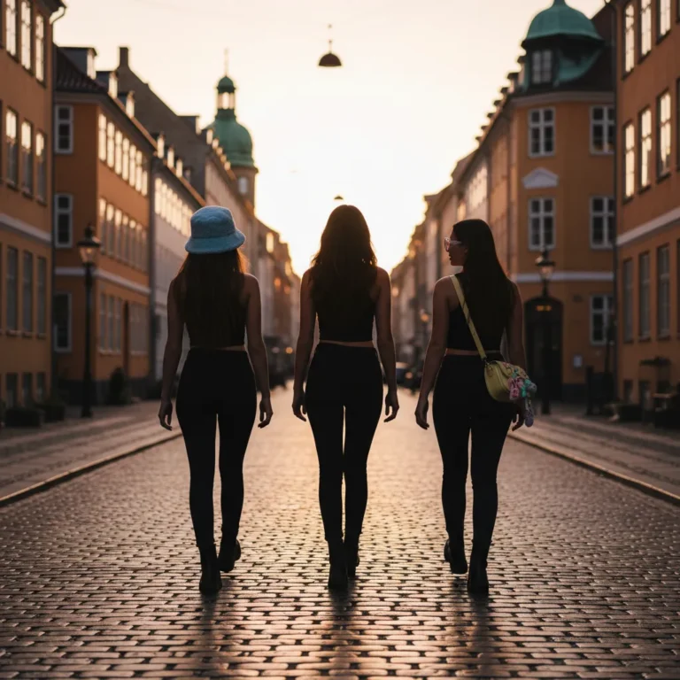 Silhouettes of three figures walking on a Copenhagen street, suggesting NewJeans members sighting