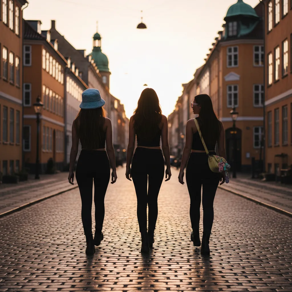 Silhouettes of three figures walking on a Copenhagen street, suggesting NewJeans members sighting