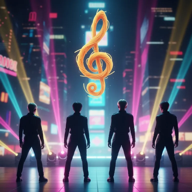 Thumbnail representing Le Sserafim’s Spaghetti climbing the Billboard Hot 100 with silhouettes and a spaghetti‑shaped musical note.