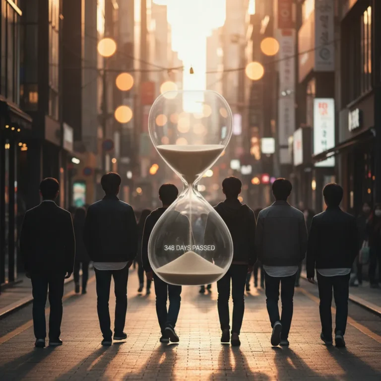 Silhouette of five figures walking on a Seoul street with an hourglass overlay, representing the end of NewJeans' hiatus.