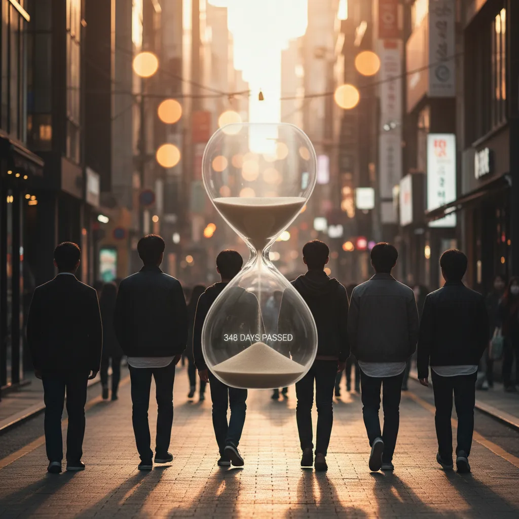 Silhouette of five figures walking on a Seoul street with an hourglass overlay, representing the end of NewJeans' hiatus.