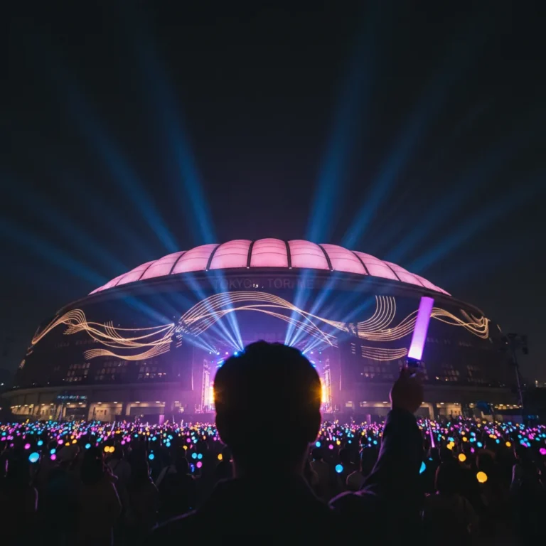 Silhouette of a fan with a lightstick in front of the illuminated Tokyo Dome at night, representing BTS Tokyo Dome concert.