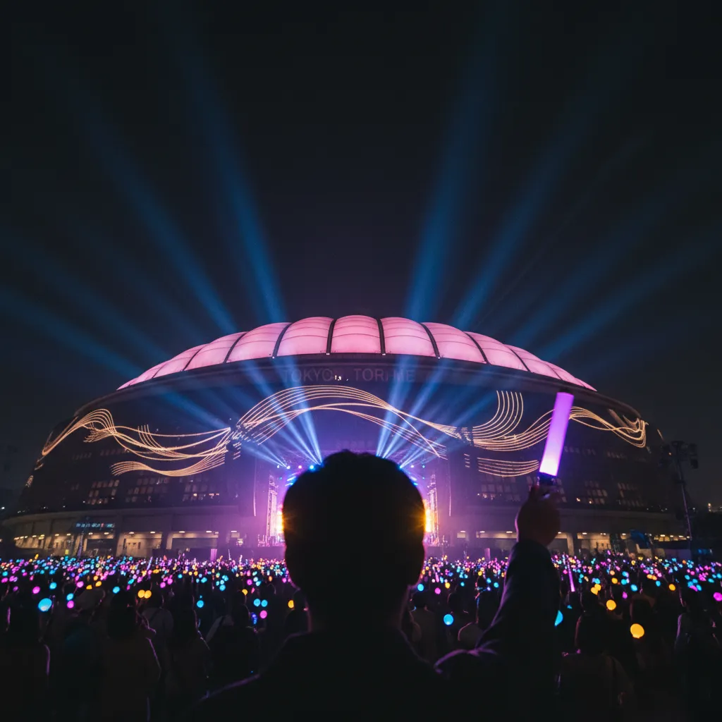 Silhouette of a fan with a lightstick in front of the illuminated Tokyo Dome at night, representing BTS Tokyo Dome concert.
