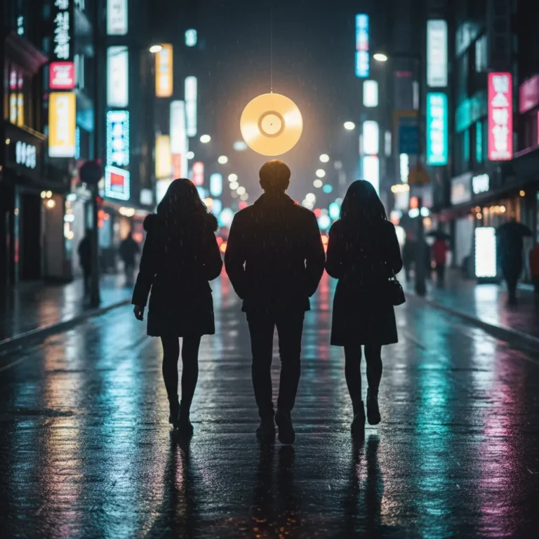 Silhouette of three figures representing Stray Kids on a neon-lit Seoul street with a golden record, symbolizing their comeback