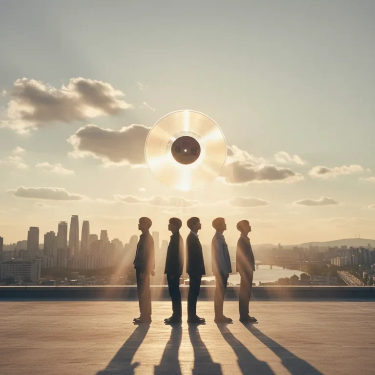 Silhouette of group on rooftop with glowing vinyl record over Seoul skyline