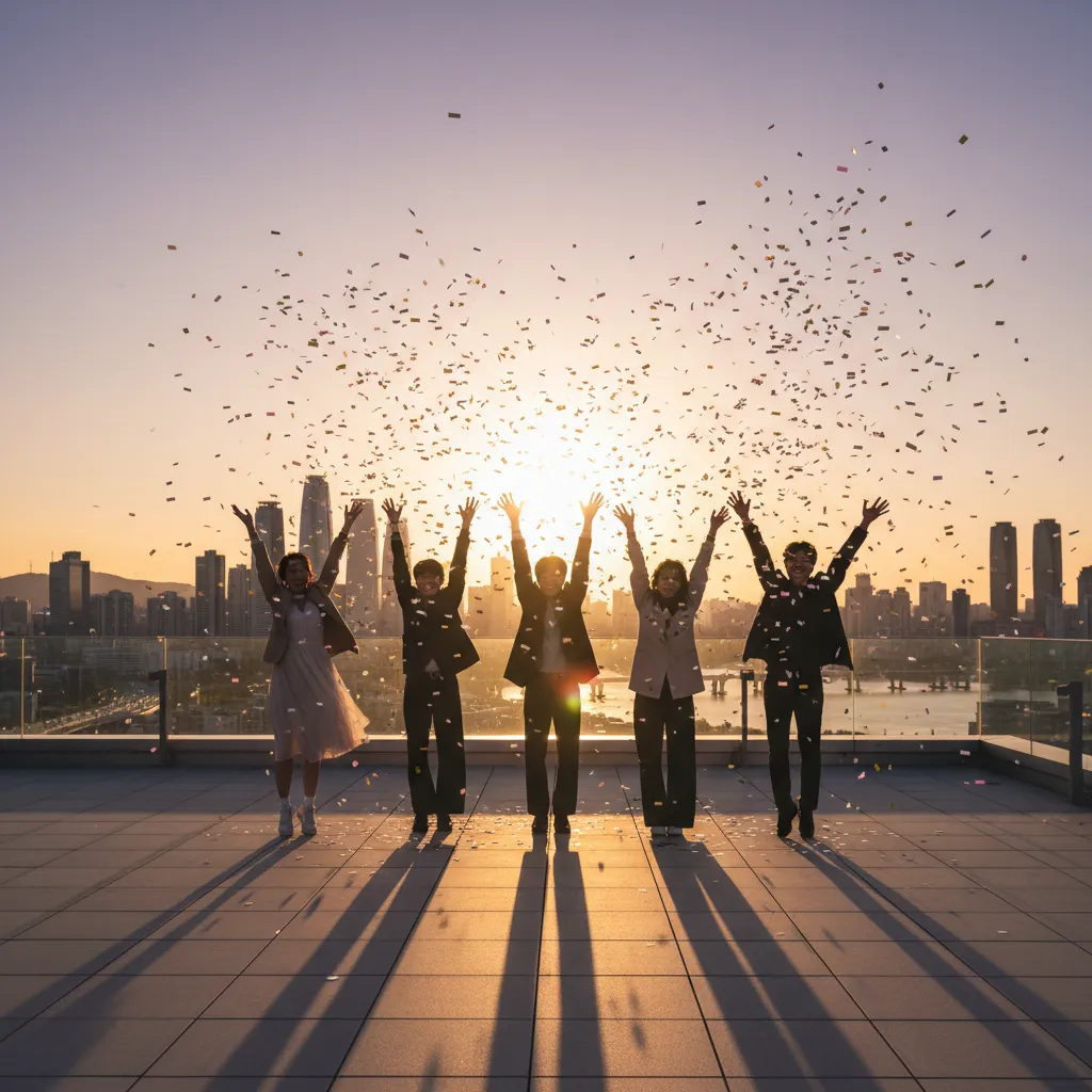 Silhouette of five figures celebrating on a rooftop with confetti and sunset city lights