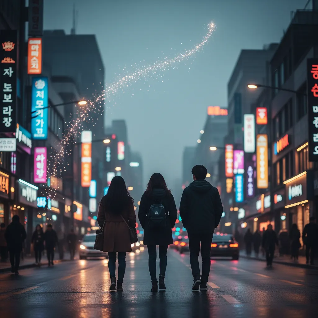 Silhouettes of listeners on a Seoul street with an upward light trend representing chart rise
