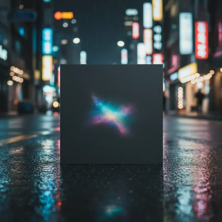 Minimalist dark album cover on wet Seoul street with neon reflections
