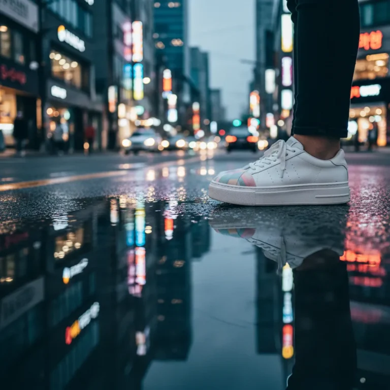 Sneakers with bandage on wet Seoul street reflecting neon lights, symbolizing NewJeans' April comeback and Hyein's foot injury