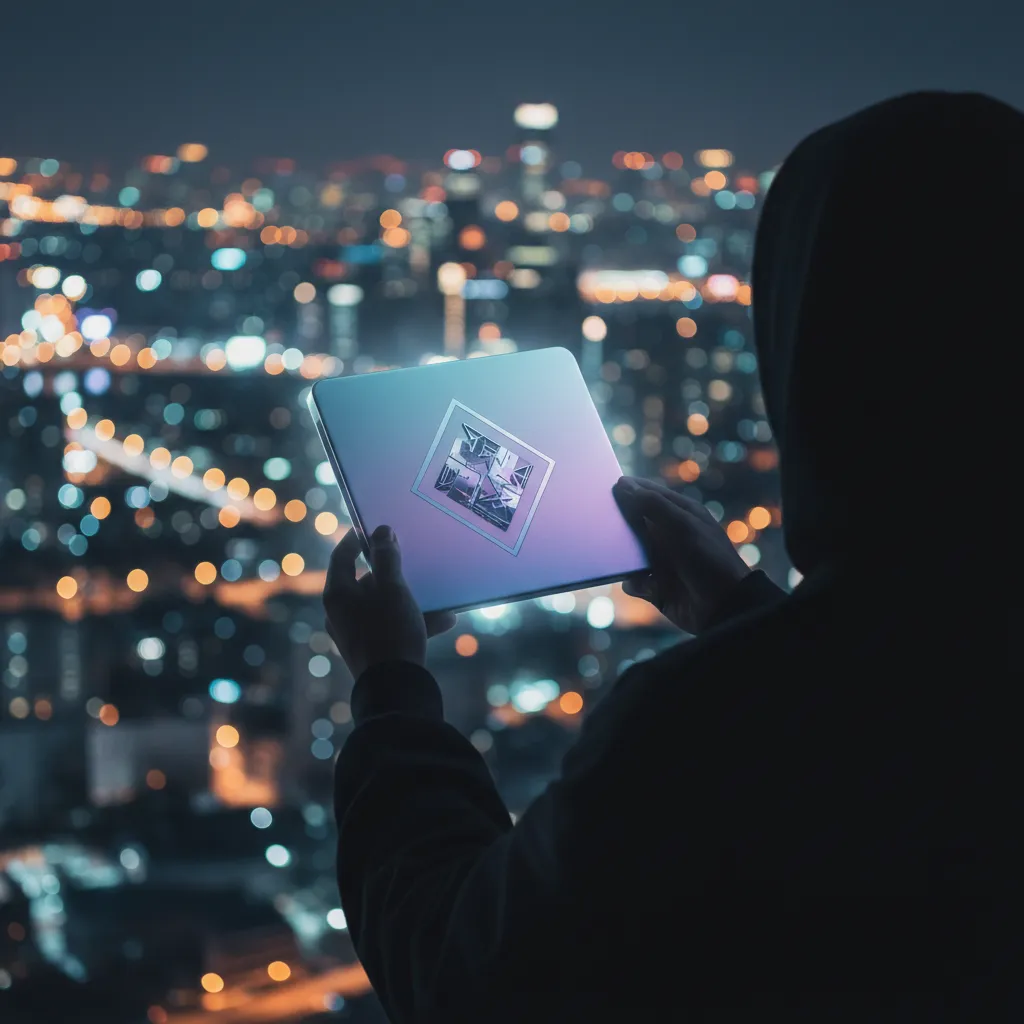 Thumbnail showing a silhouette holding a futuristic mini album against a blurred Seoul nightscape