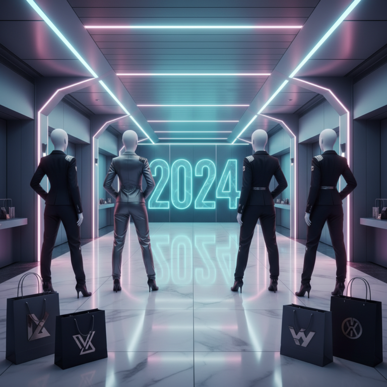 Four faceless silhouettes in a futuristic luxury duty-free corridor facing a glowing 2024 hologram, representing a renewed brand partnership and comeback.