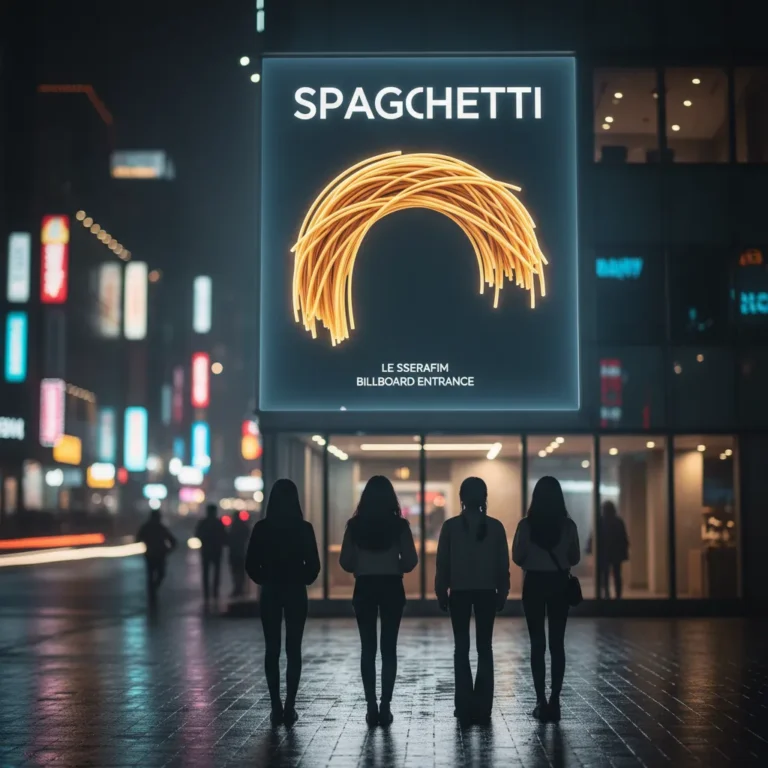 Thumbnail showing a Seoul night street with a spaghetti-shaped rising chart on a billboard and silhouettes of four figures