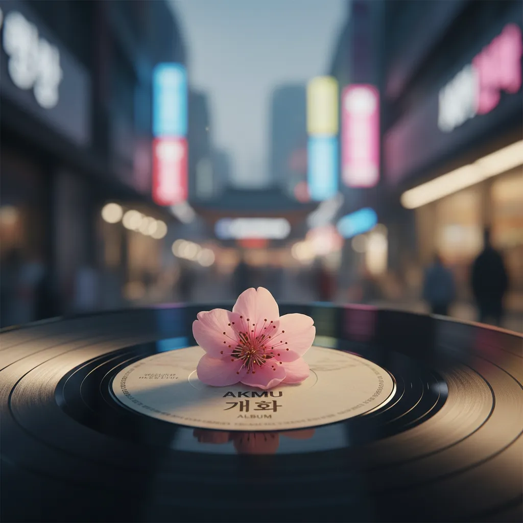 Thumbnail showing a blossoming flower emerging from a vinyl record, symbolizing Akmu’s Gaehwa album