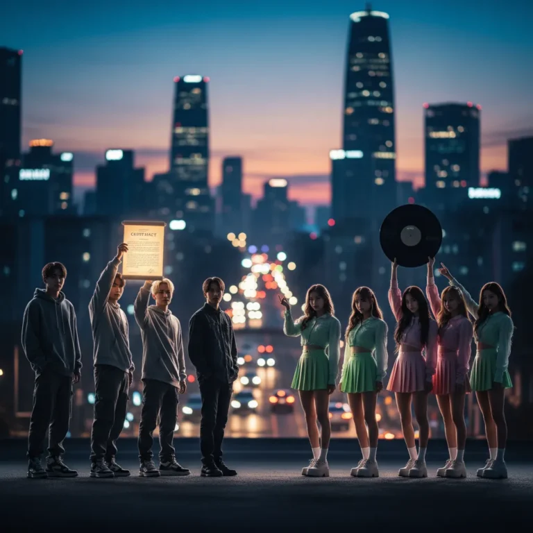 Silhouettes of TXT and NCT Wish members symbolizing contract renewal and album release against Seoul twilight