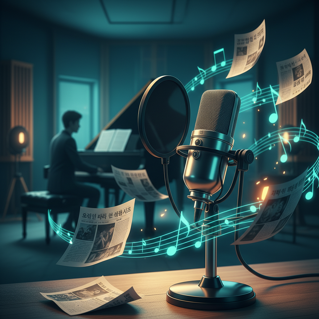A stylized microphone surrounded by Korean news clippings and musical notes, with a faceless musician silhouette in the background.