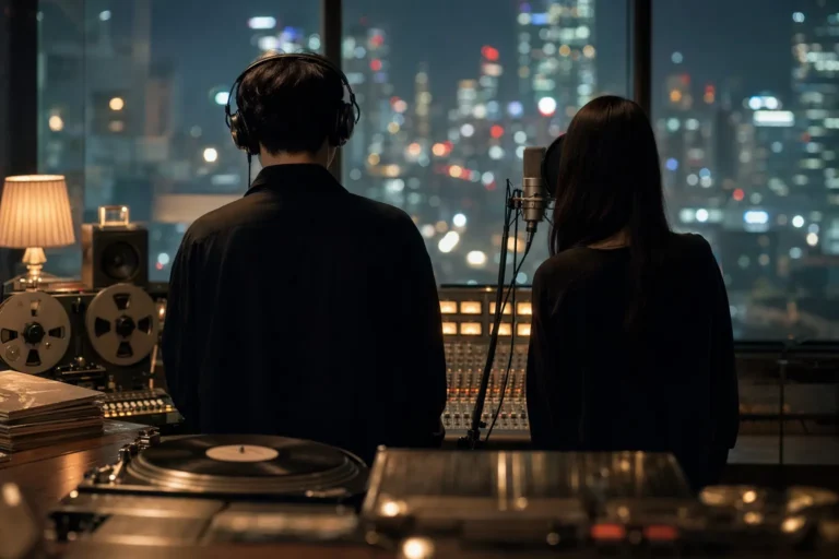 Faceless K-pop producer and vocalist in a Seoul studio with vintage music equipment suggesting a remake EP.