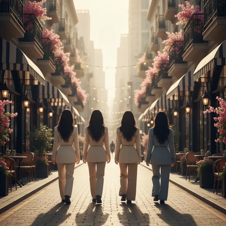 Silhouette of ILLIT members strolling on a Parisian-inspired Seoul street, representing the comeback 'It’s Me'