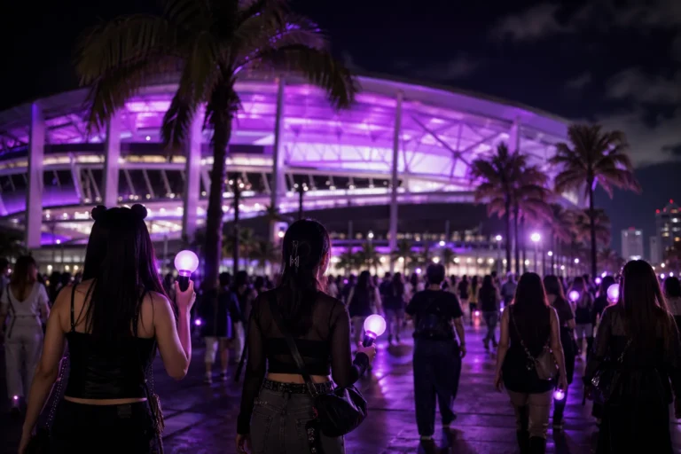Purple-lit stadium crowd arriving for a BTS tour night in Tampa