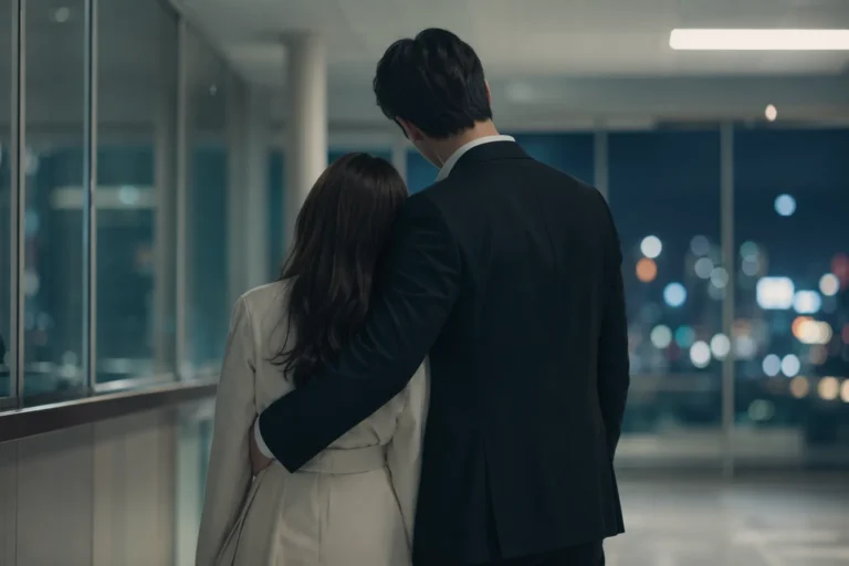 Silhouetted Korean drama couple in a softly lit Seoul hospital corridor after an emotional aftermath