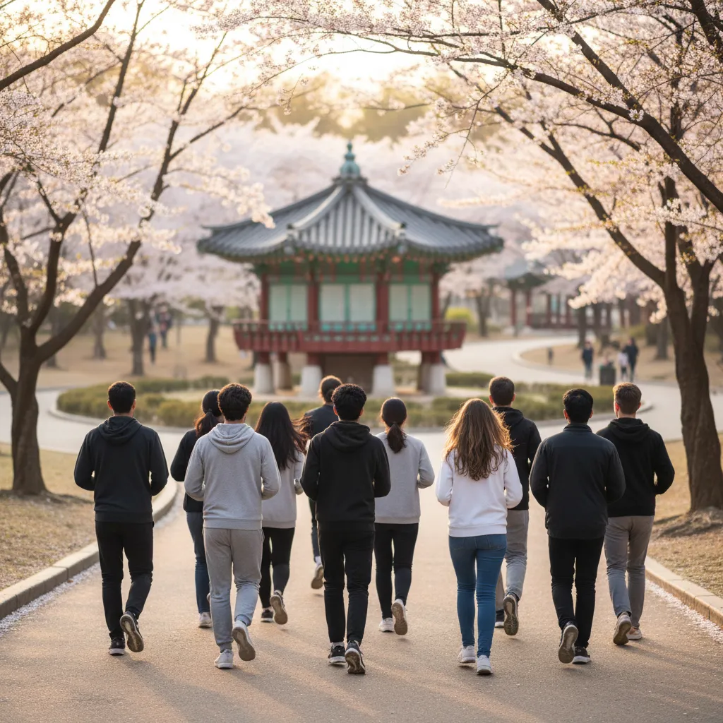 Foreign students jogging in Seoul Children's Grand Park with a traditional pavilion backdrop