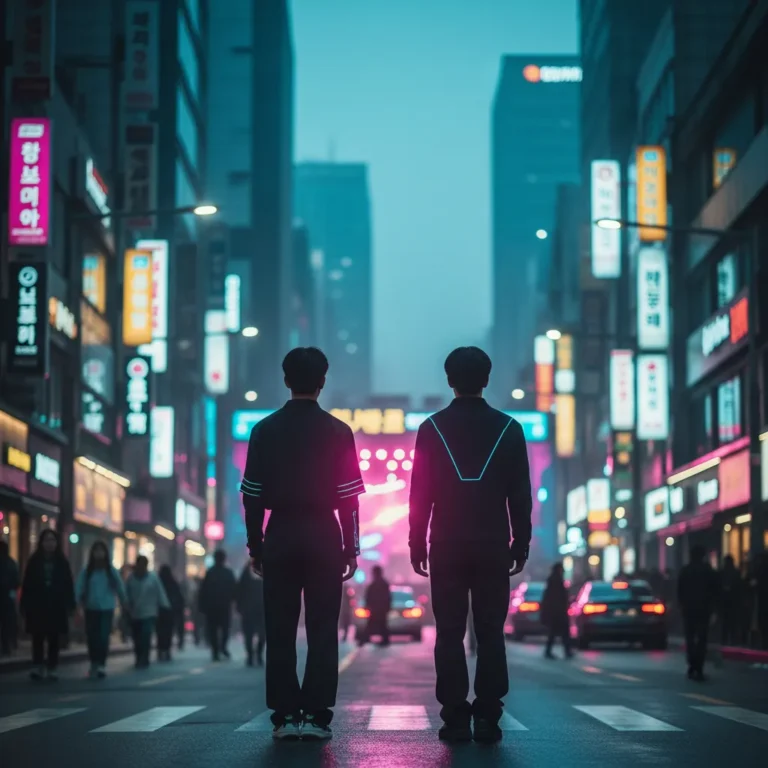 Silhouette of two figures back-to-back on a Seoul street, representing Flare U's debut.