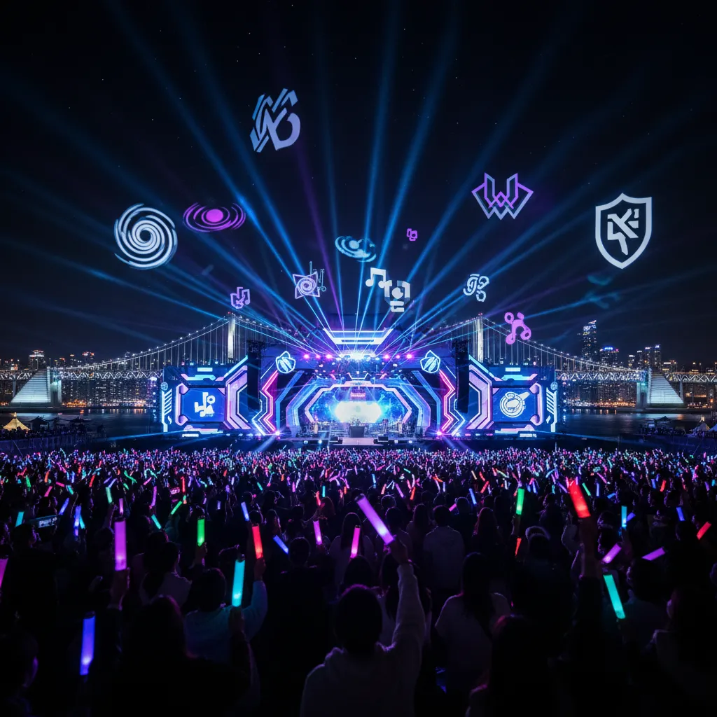 Silhouette of festival audience with lightsticks facing a futuristic K-pop stage against Busan night skyline