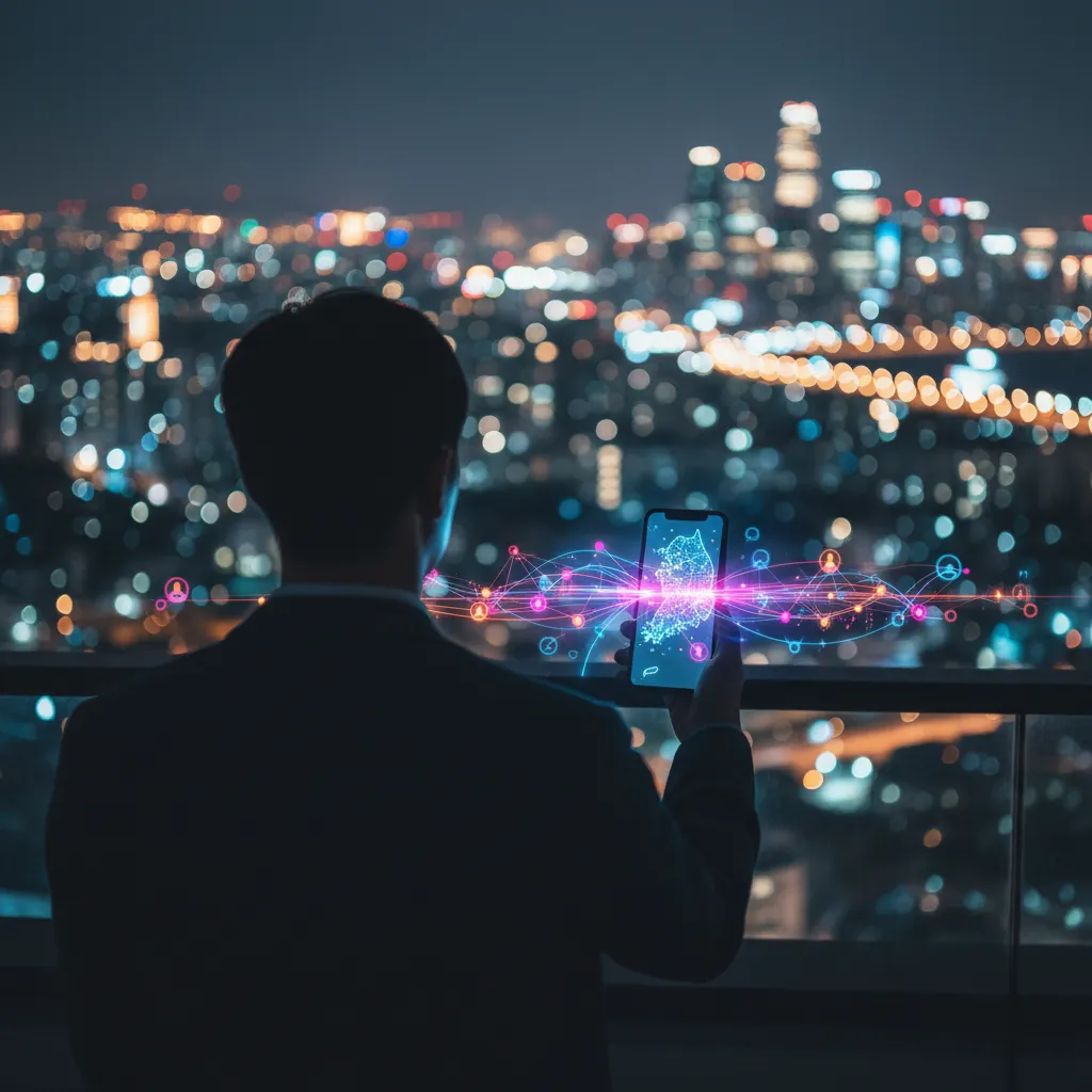 Silhouette of a person viewing a glowing map-like data overlay on a smartphone against Seoul night skyline, representing the K-pop power map