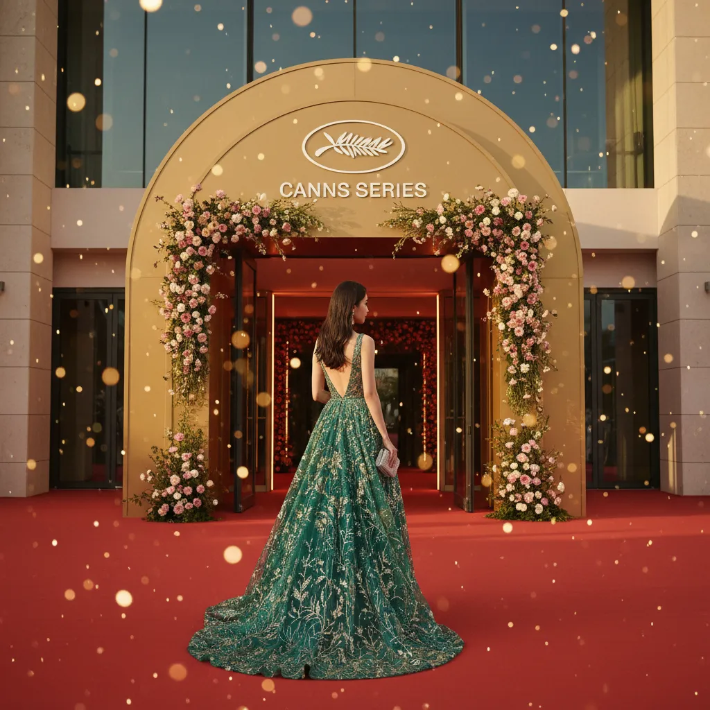 A silhouette of a star walking a glamorous red carpet at a prestigious film festival.
