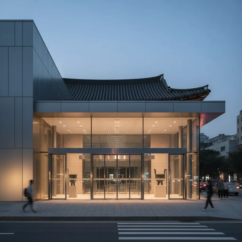 Modern Seoul museum building at dusk with a hint of Chinese bronze artifact visible inside, symbolizing the name controversy.