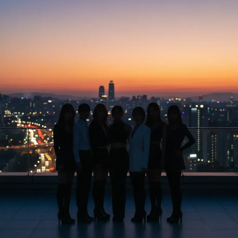 Silhouette of seven figures on a Seoul rooftop at dusk representing BTS nomination