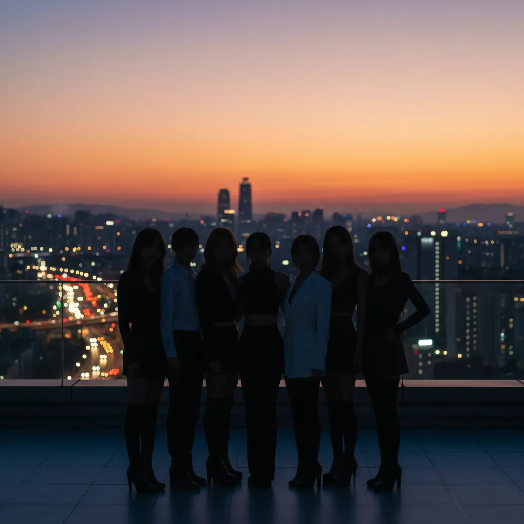 Silhouette of seven figures on a Seoul rooftop at dusk representing BTS nomination