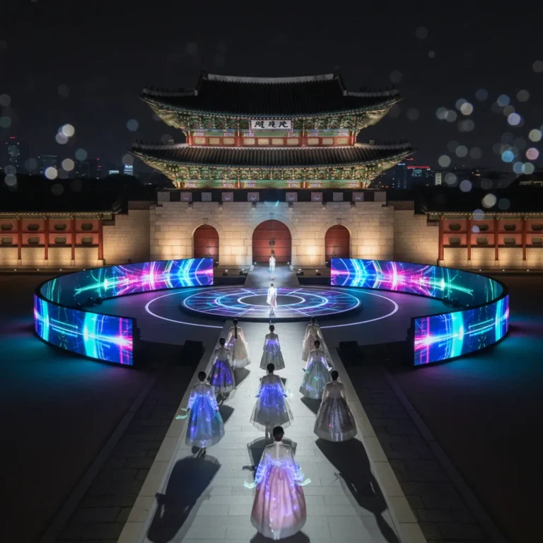Festival opening at Gyeongbokgung with circular stage, media facades, and hanbok fashion show silhouettes.