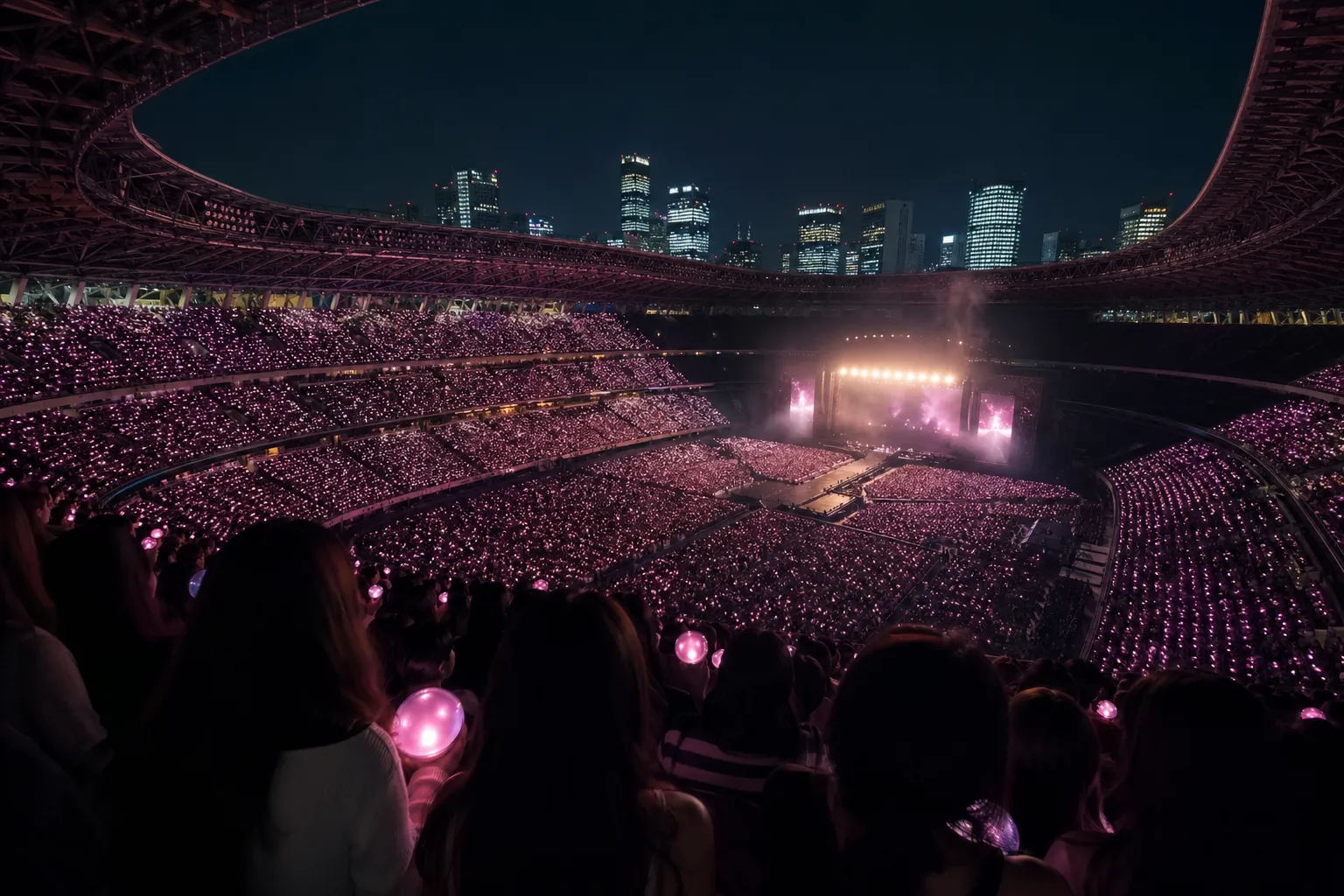 A cinematic night view of a packed Tokyo stadium concert crowd with glowing lights and K-pop atmosphere.