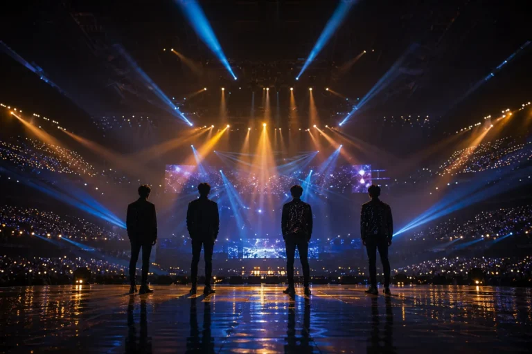 서울의 대형 K-pop 콘서트 무대와 네 명의 실루엣으로 표현한 빅뱅 20주년 월드투어 분위기