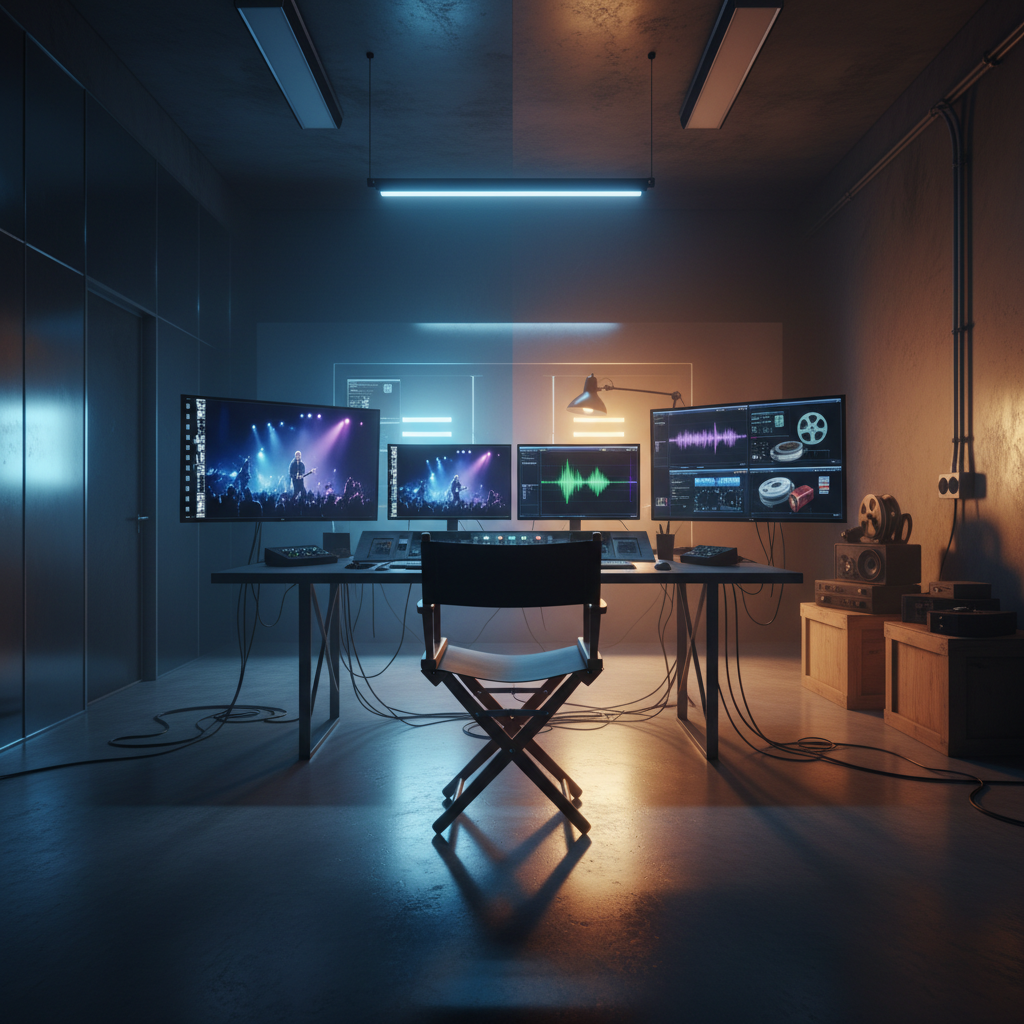 A documentary editing room with glowing screens showing abstract concert visuals, symbolizing the balance between artistic vision and documentary reality