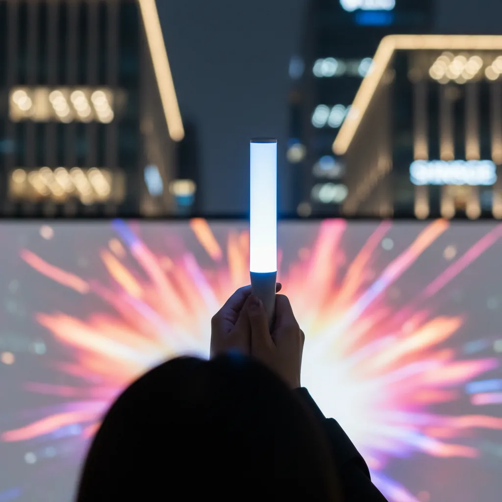 Fan's hands with light stick and reflected Sibo video on transparent screen